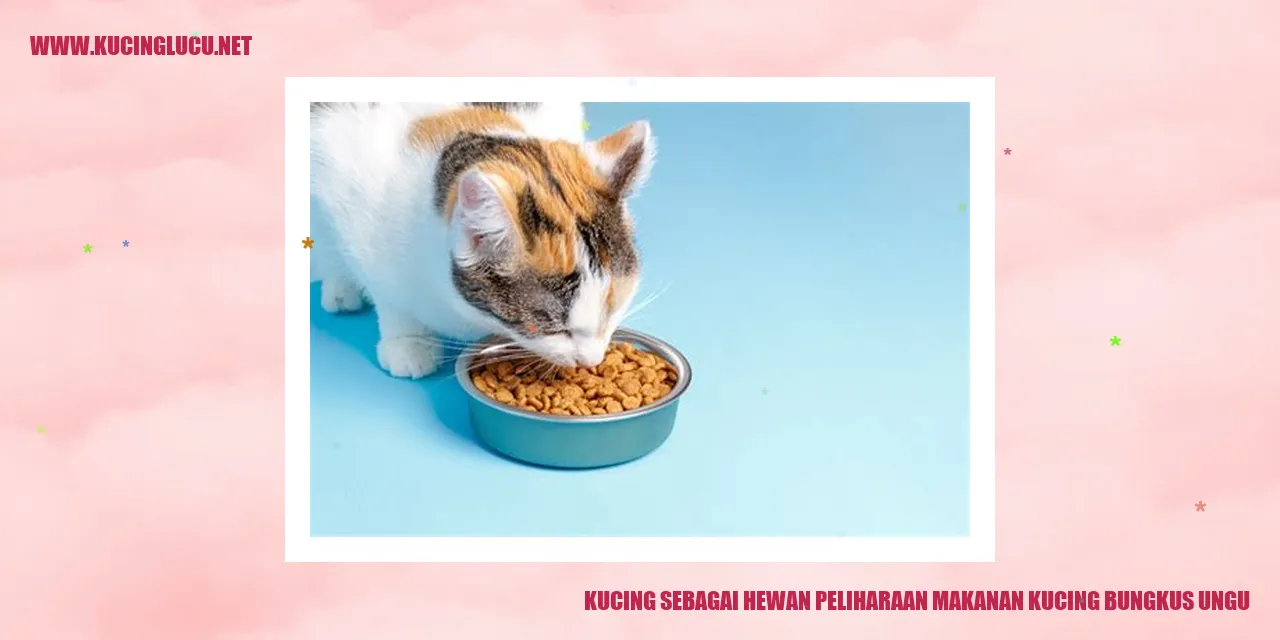 Foto kucing dengan makanan kucing berbungkus ungu