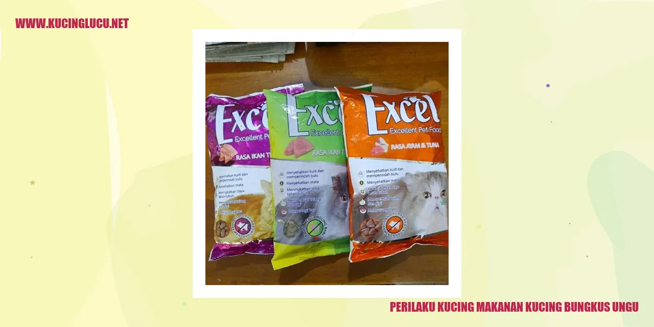 Seekor kucing dengan makanan kucing bungkus ungu
